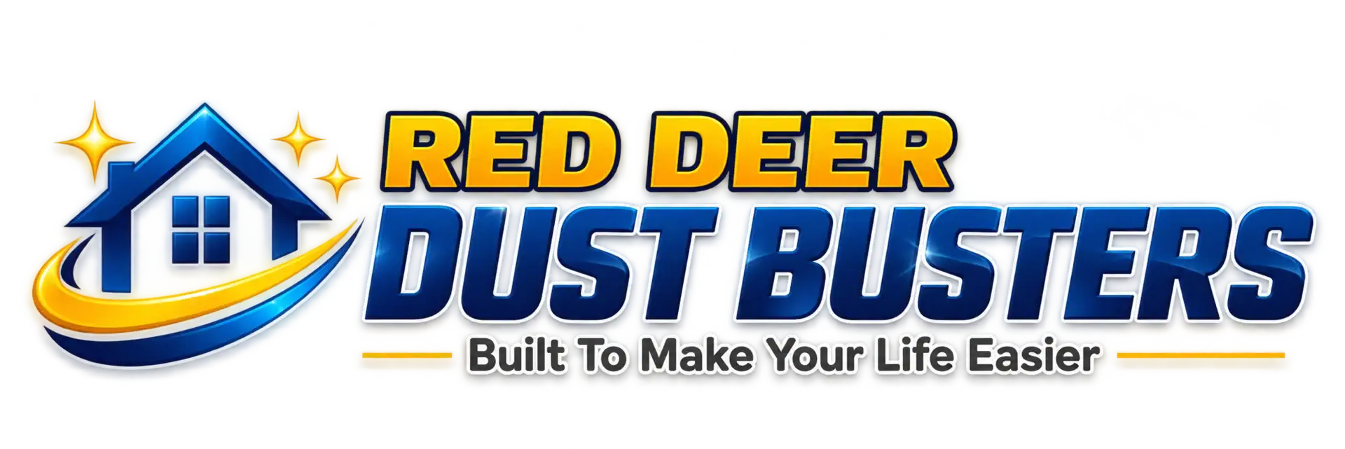 Red Deer Dust Busters cleaning company logo featuring a blue house, gold sparkle accents, and cleaning swoosh.